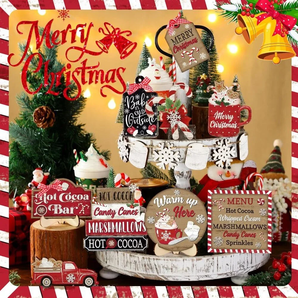 Charming Holiday Decor Set: 16 Wooden Christmas Tray Pieces for Your Home